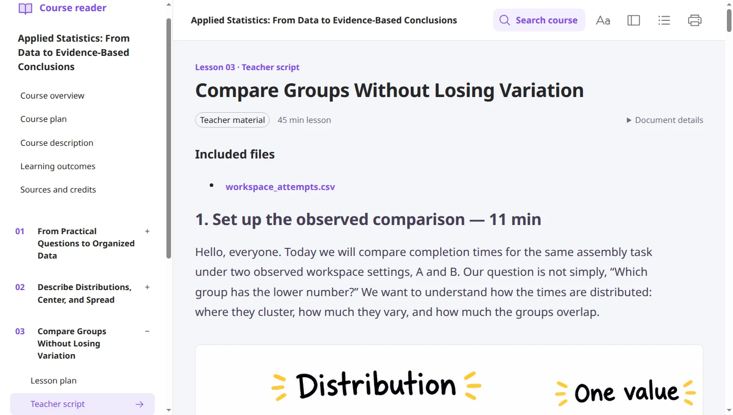 Lesson three teacher script with a 45-minute duration, a timed activity and an included CSV file.